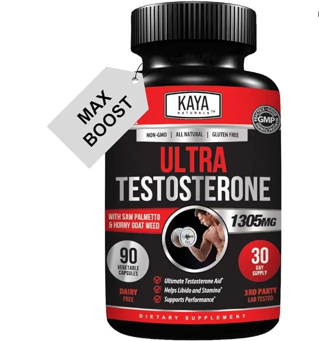 Kaya Naturals Ultra Testosterone - Men's Testosterone Booster with Tongkat Ali, Horny Goat Weed, Tribulus - Natural Workout Supplement for Energy, Stamina, and Strength Booster - 90 Count