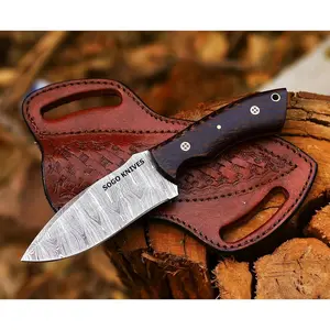 Fixed Blade Damascus Steel Hunting Knife, 9'' Full Tang, Non-Slip Wooden Handle, Camping Knife with Leather Sheath (VENGI)