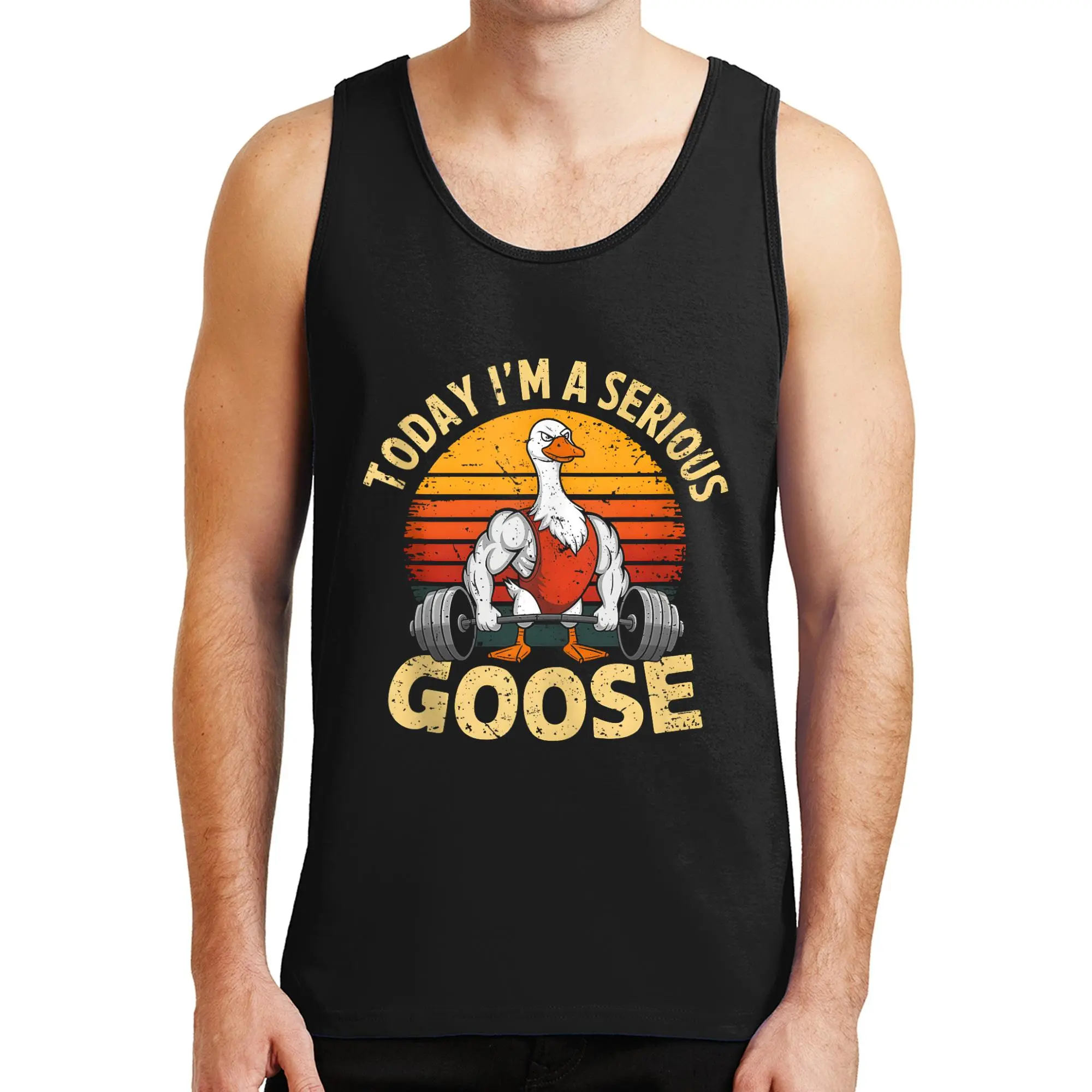 Funny Gym Tank Top, Today I'm A Serious Goose Weightlifting Fitness Sleeveless Shirt, Retro Fitness Humor Tank, Classic Quirky Workout Sleeveless Tank, Goose Cartoon Graphic Tank Top