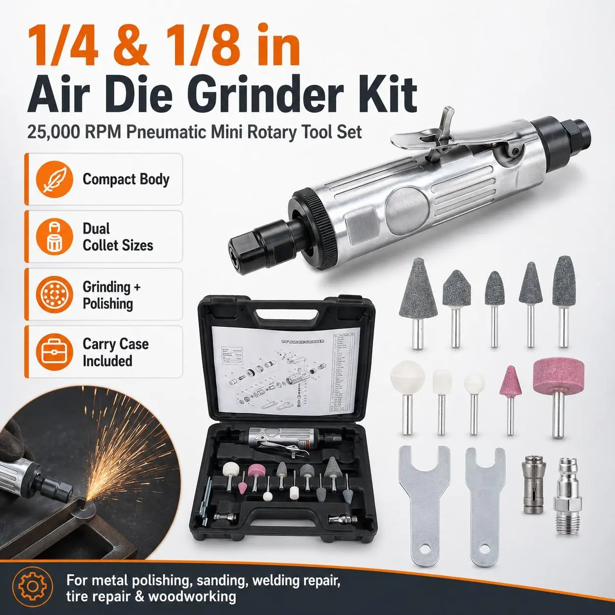 1/4 & 1/8 Inch Air Die Grinder Kit, Power Tools, 25,000 RPM Pneumatic Rotary Tool Set with Grinding Stones, Polishing Bits, Wrenches, Grinding Heads & Carry Case, Compact Air Grinder for Metal Polishing, Sanding, Welding Repair, & DIY Workshop