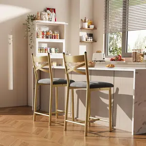 Bar Stools Set of 2, Counter Height Bar Stools with PU Upholstered Seat, Metal Frame Kitchen Bar Chairs with X-Design Back and Footrest for Kitchen Island, Counter Bar, Dining Room, 26" Gold