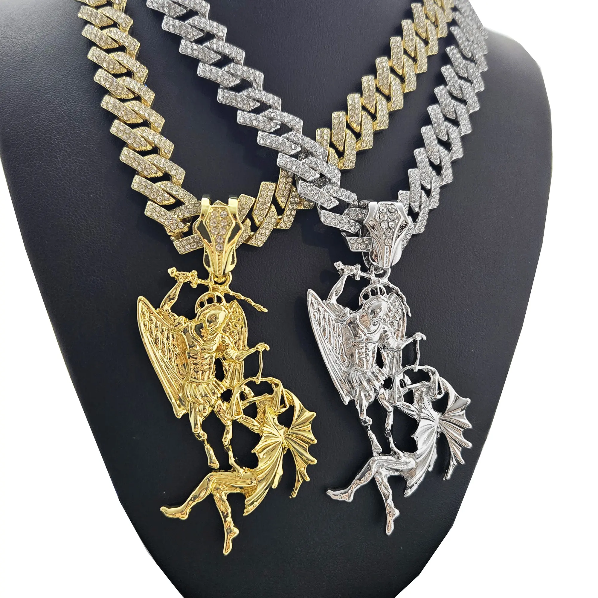 MaxBling81 Saint Michael Archangel Pendant & Full CZ Iced Cuban Chain Hip-Hop Inspired Necklace, 14mm Size, 18"-20"-24" Lengths, 14K Gold or Silver Plated