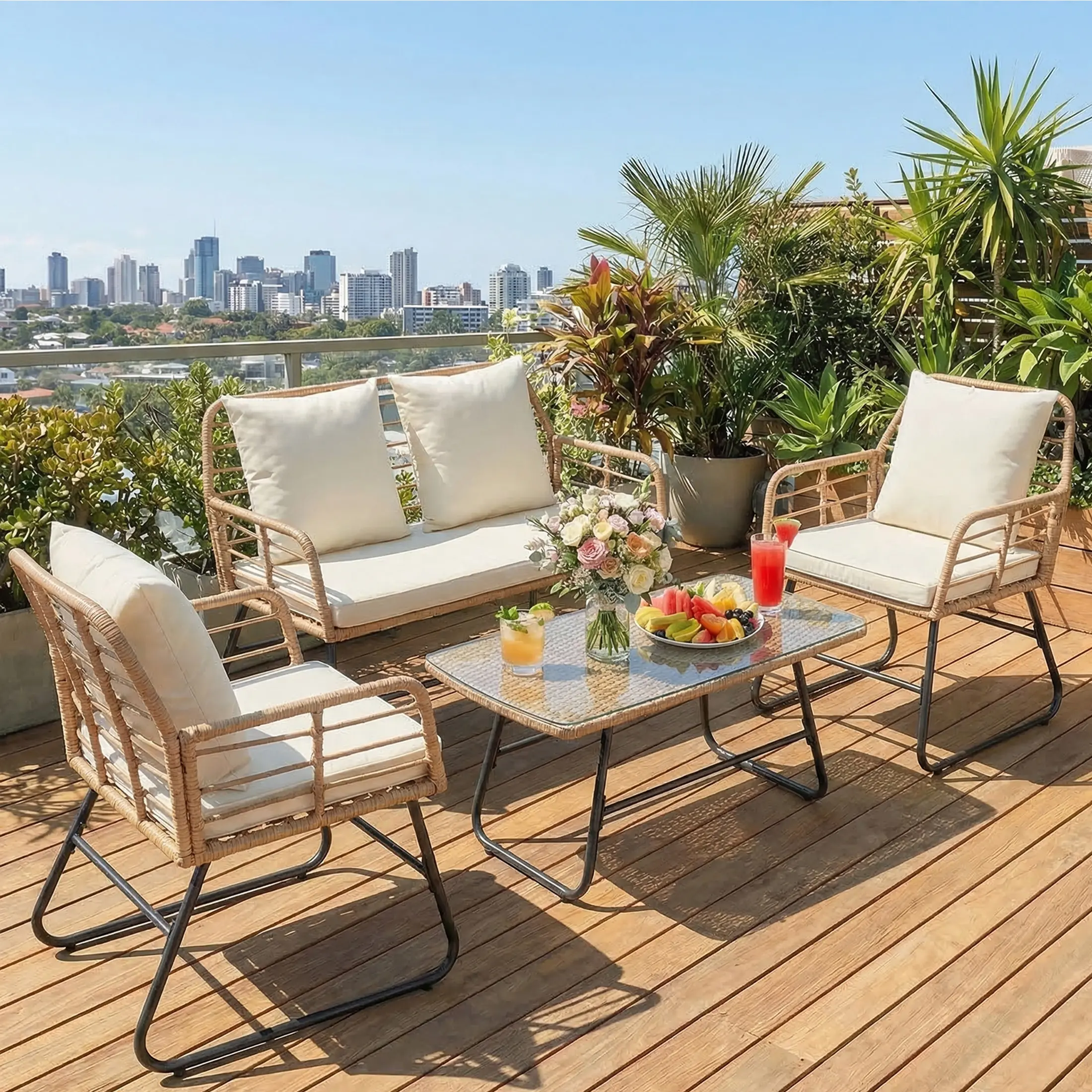 Outdoor Bistro Set, All-Weather PE Rattan Patio Furniture Set with Cushions, Steel Frame Table and Chairs for Balcony, Apartment, Porch