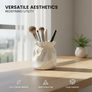 Creamy White Satin Bag Shaped Pen Holder, 3D Printed Makeup Brush Holder, Aesthetic Desk Organizer for Vanity, Office, Bedroom Decor
