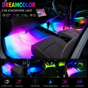 USB Car Interior LED Ambient Light Kit – 4 Strip RGB Footwell Lights with Remote Control, Easy Installation for Car Interior