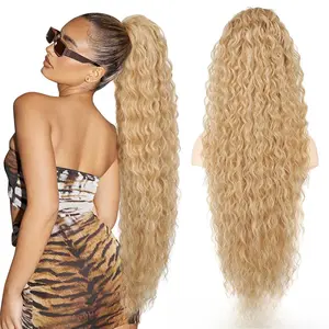 Blonde Ombre Water Wave Drawstring Ponytail Extension | Long Curly Synthetic Ponytail | Natural Gradient Ponytail for Women