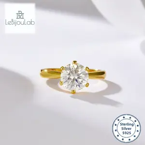 [LeBijouLab] Classic Six-prong 1CT/2CT Synthetic Moissanite Engagement Ring For Women, Golden Six-Prong Synthetic Moissanite Ring For Her, Mother's Day Gifts, Anniversary Gift, Buy 1 Get 2 Eternity Ring Bands