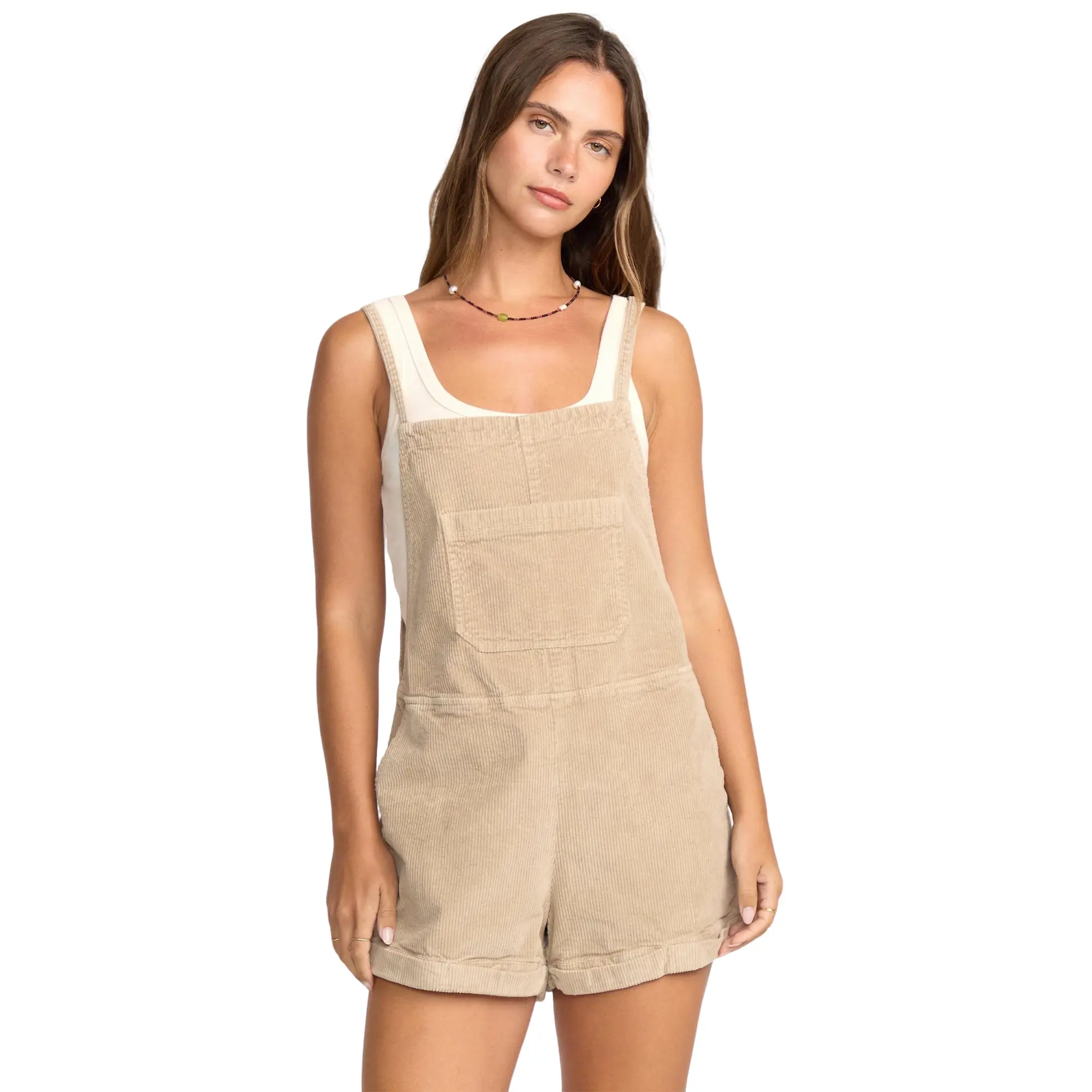 BILLABONG Women's Wild Pursuit Cord Overalls, Cotton Corduroy Summer Shortalls, Square Neck Jumpsuit, Adjustable Romper, Multiple Pockets Shorts Overalls, Regular Fit