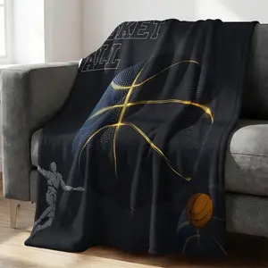 Black Gold Basketball Print Flannel Blanket, Stylish Color and Sporty Elements, Cozy and Lightweight, Vibrant and Trendy Cool Style Sofa Bed Decor Office Nap Throw Travel Camping Cover Blanket, Gift Idea