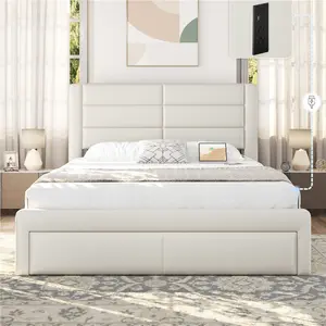 【3 Drawers & 2 USB Ports】 Yaheetech Queen Size Upholstered Bed Frame with Headboard, With 2 Charging Outlets / PU Leather Upholstered Bed / Wood Slat Support / No Box Spring Needed