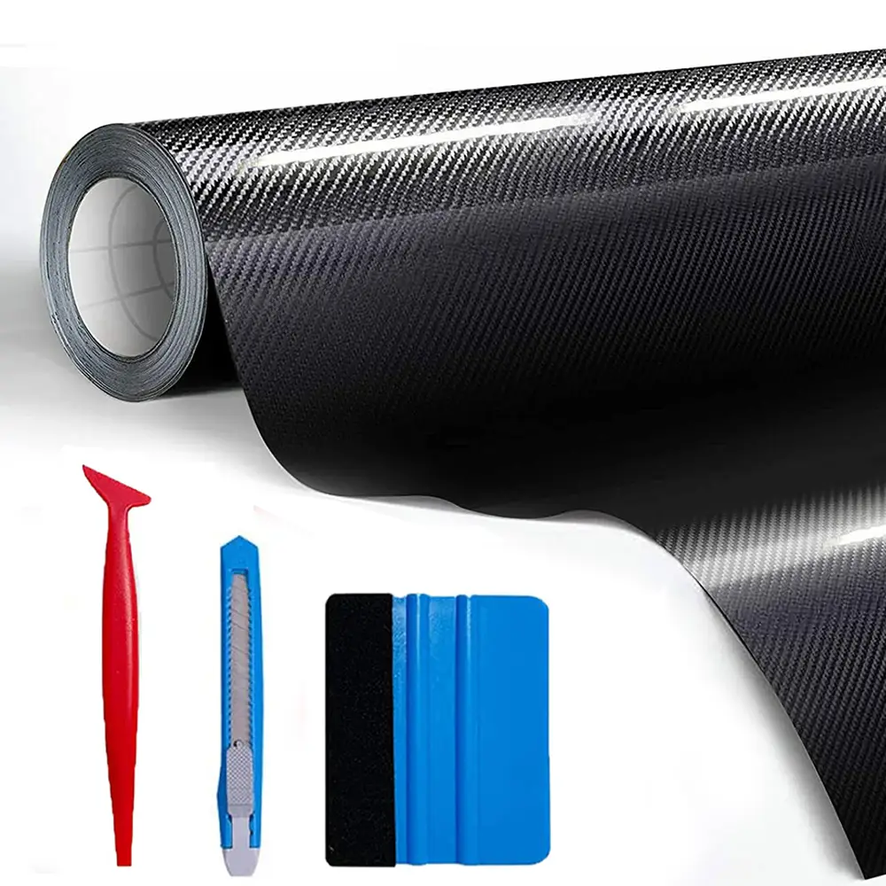 12" x 60" Gloss Black Carbon Fiber Car Wrap Vinyl Bubble Free Air Release Adhesive Car Wrap Film Roll DIY Decals with Cutter, Vinyl Squeegee,and Hand
