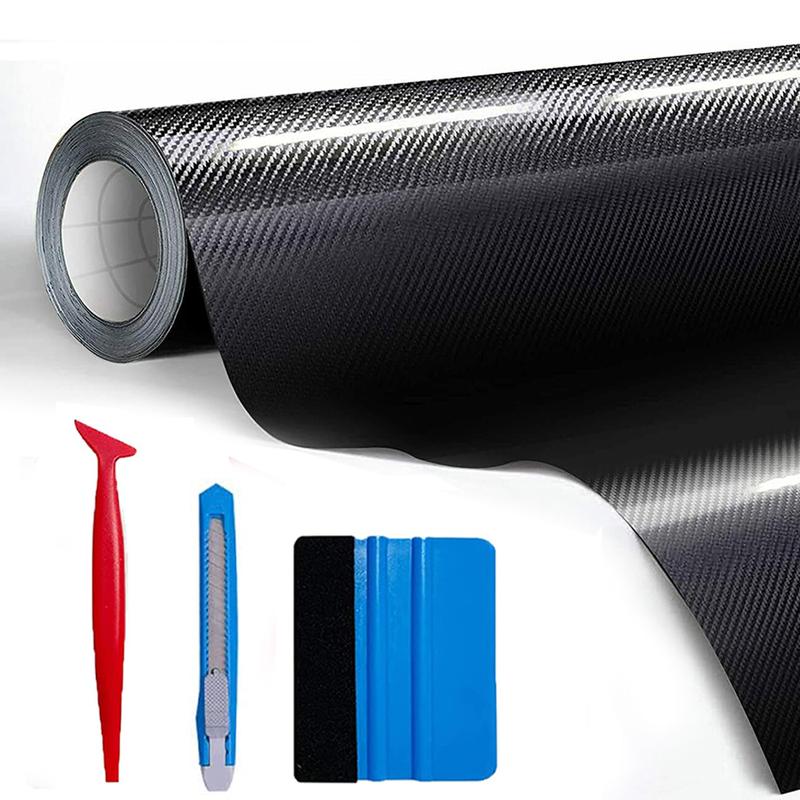 12" x 60" Gloss Black Carbon Fiber Car Wrap Vinyl Bubble Free Air Release Adhesive Car Wrap Film Roll DIY Decals with Cutter, Vinyl Squeegee,and Hand Tool ( 1 FT x 5 FT) - With Wrap Tools
