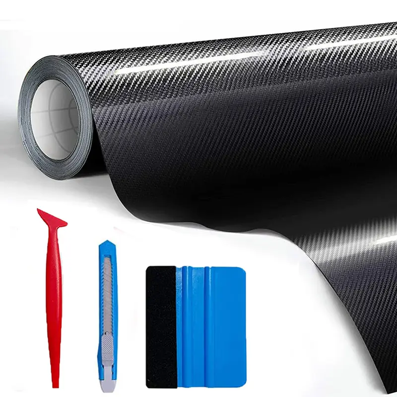 12" x 60" Gloss Black Carbon Fiber Car Wrap Vinyl Bubble Free Air Release Adhesive Car Wrap Film Roll DIY Decals with Cutter, Vinyl Squeegee,and Hand Tool ( 1 FT x 5 FT) - With Wrap Tools