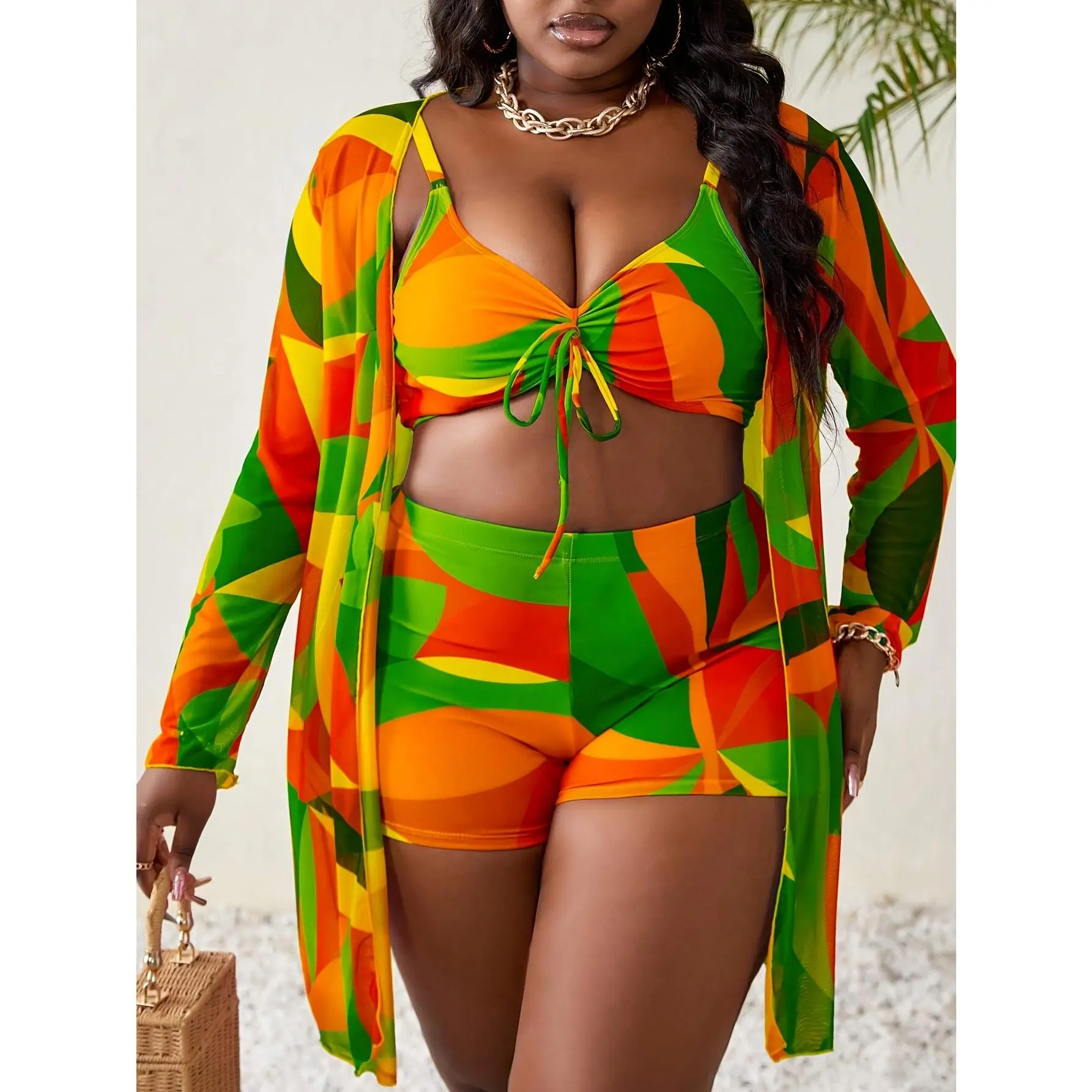 2026 New Women's Plus-Size 3-Piece Printed Multicolor Splicing Tankini Swimsuit - Indoor & Outdoor Swimwear Outfits (Swimsuit Women)
