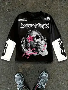 Men's Los Angeles Hip Hop Geometric Graphic Long Sleeve Fitted, Contrast Flame Sleeve Fashion Streetwear, Rapper Print Casual Tee, Bold Typography Urban Top