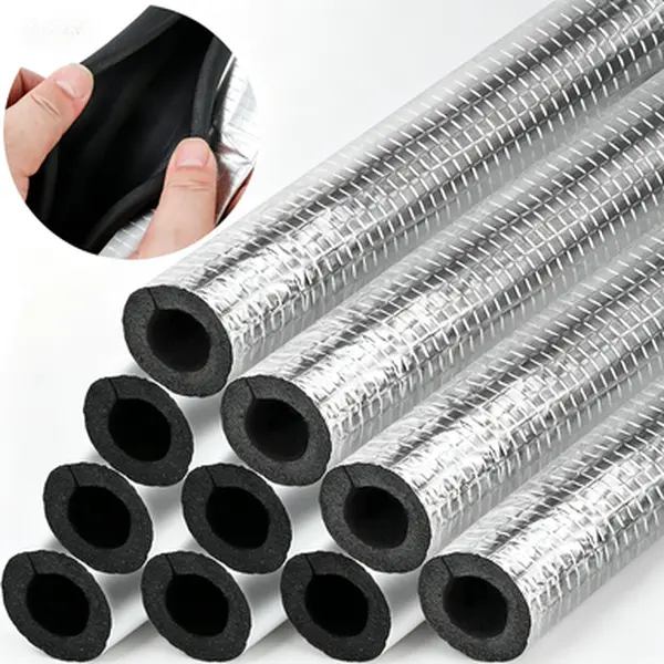 Self Adhesive Pipe Insulation Foam Wrap 0.6 Inch x 1.3 Ft Length Freeze Protection for Outdoor Winter Use Water Heater Sprinkler Spigot Pipes Reusable Aluminum Foil Cover Tube 10 Pack