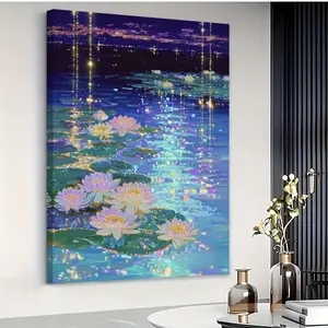 2D Flat Canvas Painting <Lotus Pond Moonlight> - Canvas poster with solid wood frame, suitable for living room decoration, <Lotus Pond Moonlight> scene painting with framed edges, elegant decoration, 16x24 or 24x36inch, 2D flat