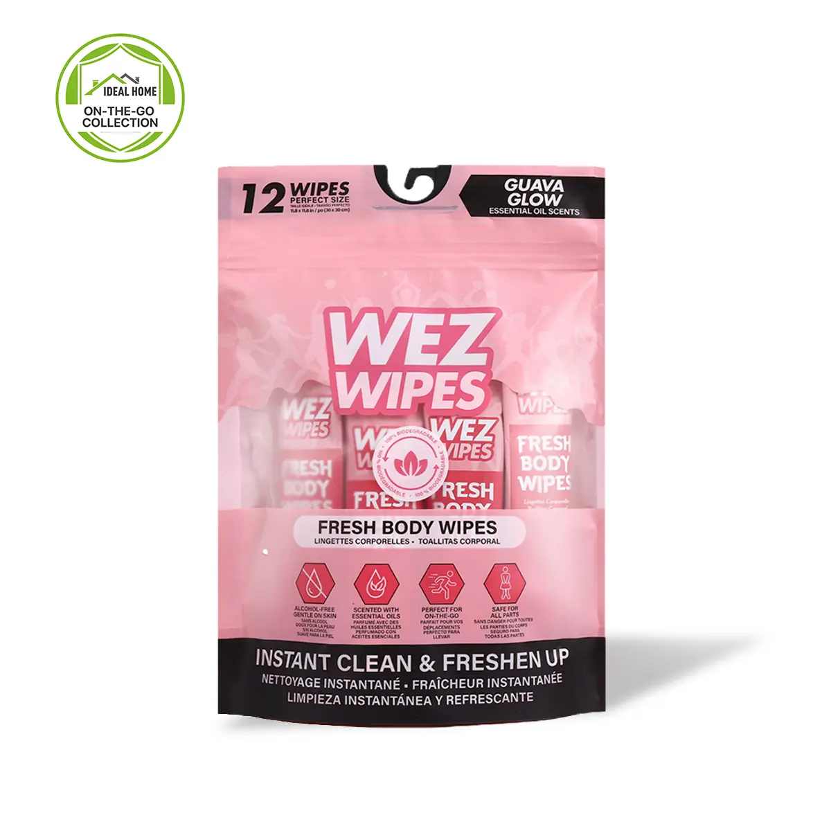 WEZ WIPES Guava Glow Fresh Extra Large Body Wipes | 12 Alcohol-Free Biodegradable Body Cleansing Wipes with Essential Oil Scent | No Rinse Bath Wipes for Gym, Travel, Camping & On-the-Go