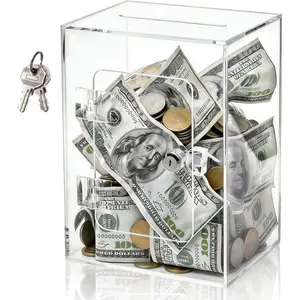 Clear Piggy Bank with Lock, Acrylic Money Saving Box for Adults Kids, Reusable Coin Cash Storing Container with Key, Openable Money Change Jar Pot for Birthday Gift Home Decoration