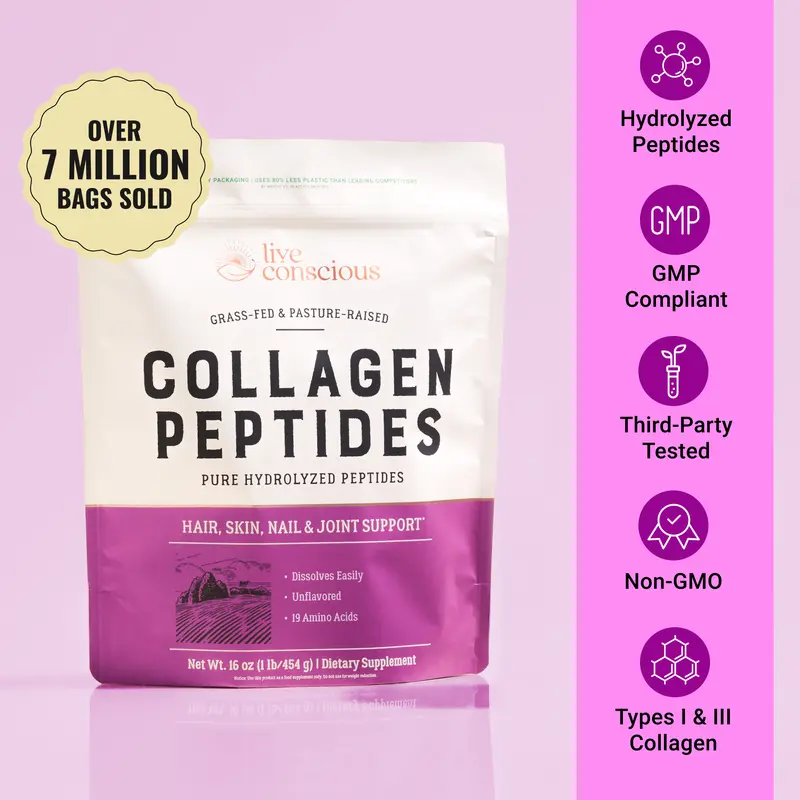 Live Conscious Collagen Peptides Powder - Naturally-Sourced Type I & III Hydrolyzed Bovine Collagen - For Hair, Skin, Nail & Joint Support Supplement