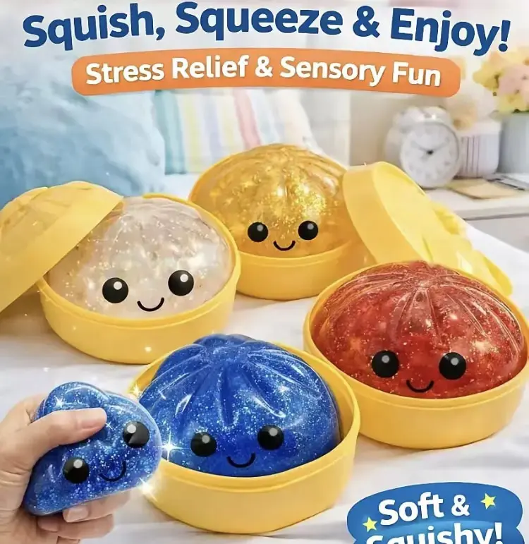 Portable Glitter Fidget Squeeze Toy, Transparent Dumpling Shaped Squishy with Steamer Box, Soft Anxiety Relief Desk Toy for Teens Adults & Kids Party Gift