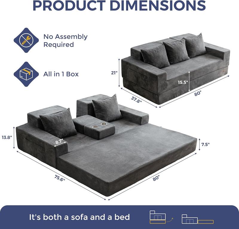 MAXYOYO Sofa Bed, 4 in 1 Foldable Floor Sofa Couch in A Box with 2 Cup Holders, Convertible 3 Seater Boneless Couch Folding Recliner Sleeper Chair for Living Room, No Assembly Required