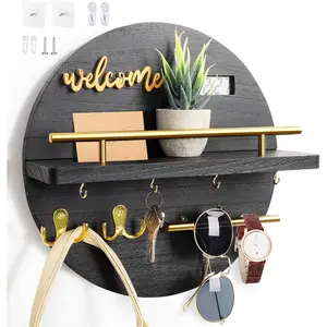Key Holder for Wall, Key and Mail Holder Organizer with - Key Holder Wall Mount - Round Wooden Rustic  Decor for Entryway, Mudroom, Hallway, Kitchen Office (Black)
