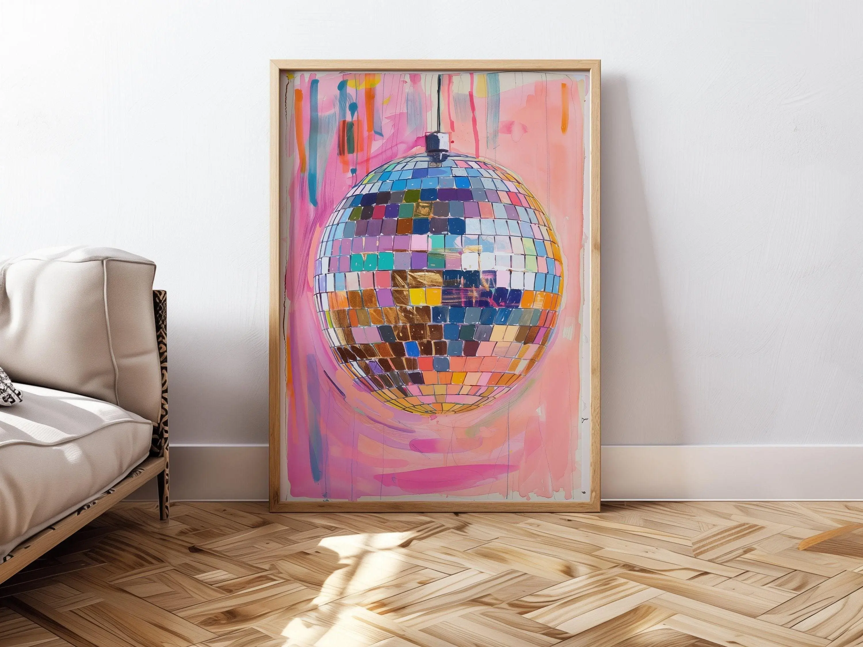 Hand Drawn Disco Ball Painting Printable Wall Art For Home Decor Pink Disco Ball Poster Aesthetic Printable Art Glossy Friend Ornaments Room