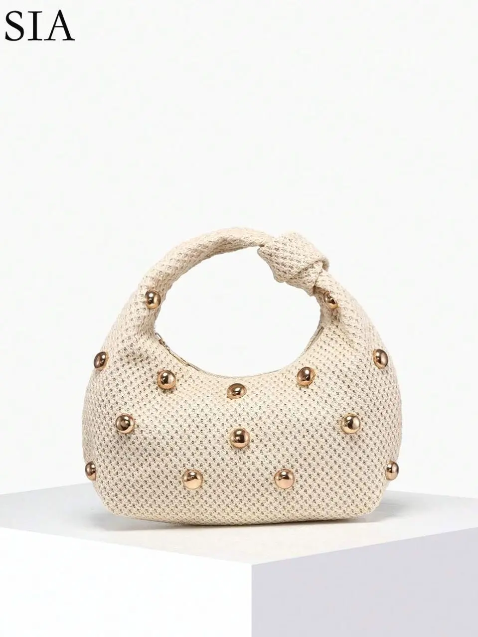 Quiet Luxury Cream Woven Hobo Bag | Chic Gold Studded Crescent Shoulder Purse with Knot Handle