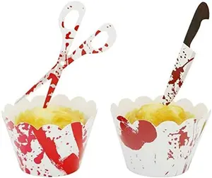 Halloween Cupcake Toppers Wrappers, Horror Cake Halloween Decoration Bloodstain Cake Knife Scissors Food Decor Party Supplies (12 sets (24pcs))