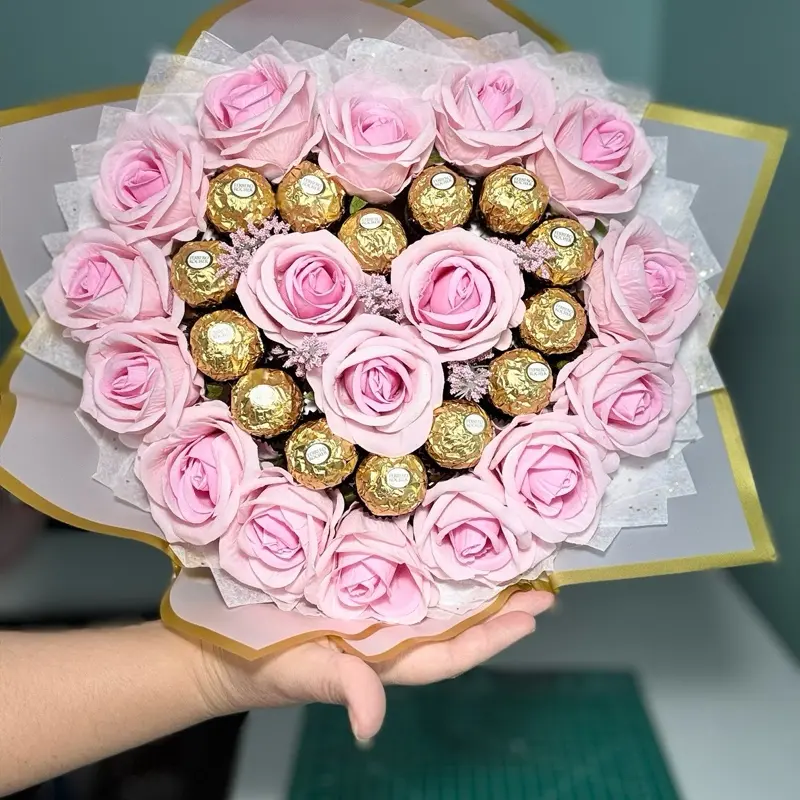 Heart Shape Bouquet for Birthday with Pink Roses and Gold Foil Wrapped Chocolate
