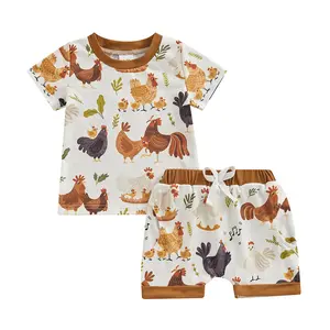 Toddler Boy Girl Summer Clothes Baby Farm Outfit Country Staff Western Short Sleeve Free Range Chicken Print T Shirt Tops Shorts 2Pcs Set