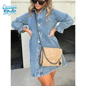 Washed Denim Puff Sleeve Mini Dress – Short-Length Collared Button Down with Ruffle Hem & Matte Silver Buttons - Casual Women's Fashion Pleats