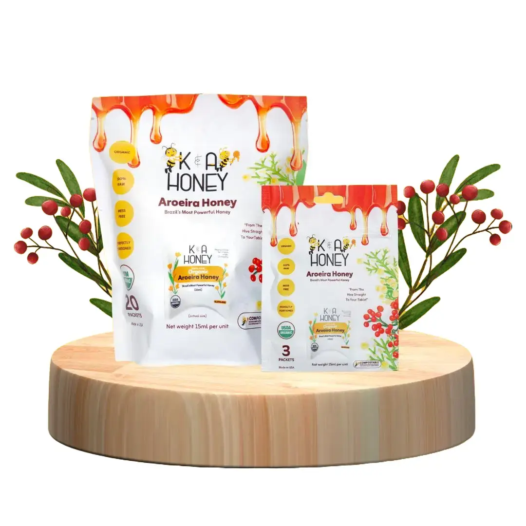K & A Honey Packets Single Serve – 100% Pure Raw Organic Brazilian Aroeira Honey To Go for Kids, Runners & Daily Energy | Mess-Free Individual Honey Packs (3 & 20 Count)