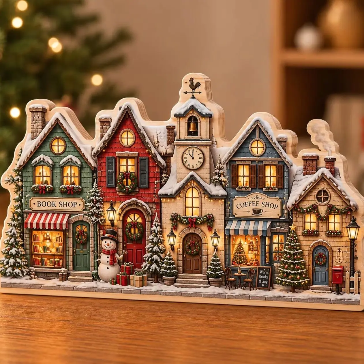 Christmas Main Street Wooden Block Decor, Winter Village Shop Wooden Decor, Cozy Holiday Town Shelf Decor, Christmas Gift for Home NHTV80-RD