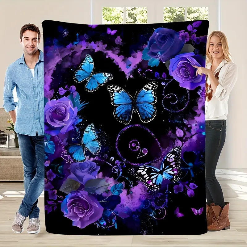 Soft & Warm - Vintage-Inspired Plush Blanket - with Purple Roses, Heart Garland & Blue Butterfly - Perfect for Living Room, Bedroom, Travel & Camping