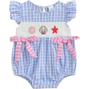 Newborn Baby Girl Outfit Starfish Shell Plaid Flying Sleeve Smocked Bubble Romper Infant Bodysuit Summer Ocean Clothes