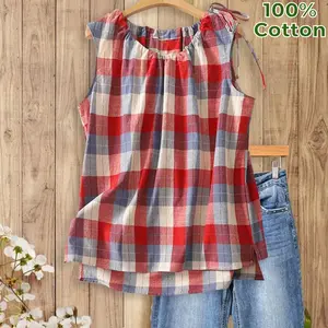 (Drawstring is adjustable) Sage Vell Women 100% Cotton Vintage Plaid Gingham Sleeveless Blouse Casual Loose Fit Tie Shoulder Ruffle Neck Tank Top Summer Breathable Checkered Shirt for Daily Wear Beach Vacation Streetwear
