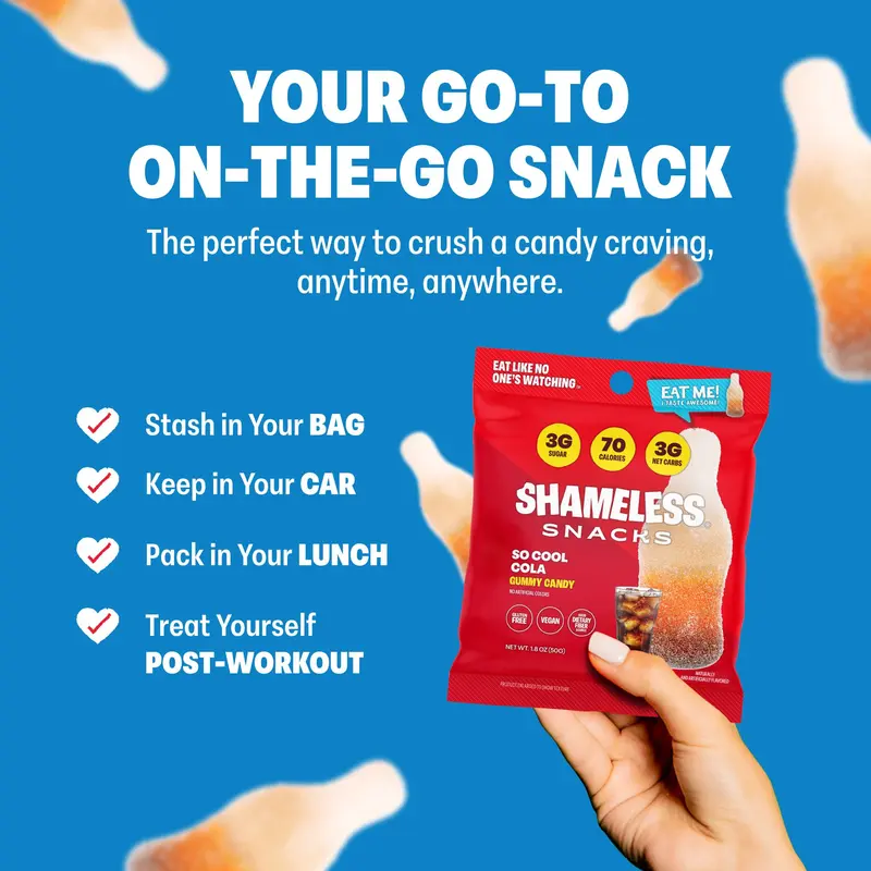 Shameless Snacks So Cool Cola Chewy Gummy Candy - Keto, Low Sugar, Gluten-Free, Glycerin-Infused Vegan Sweet Crave-Satisfy Low Calorie Candy, Erythritol & Sucralose-Sweetened High Fiber Boxed Set Office Snacks for Adults