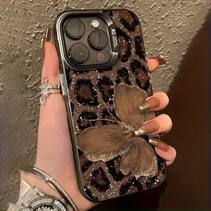 Laser Effect Brown Butterfly Leopard Print Phone Case, Smartphone Cellphone Handheld Casing, Mobile Phone Accessories Compatible with iPhone 17 (Pro Max), 16, 15, 14, 13, 12, 11, XS, XR, X, 7, 8, 12/13 Mini, Plus, SE