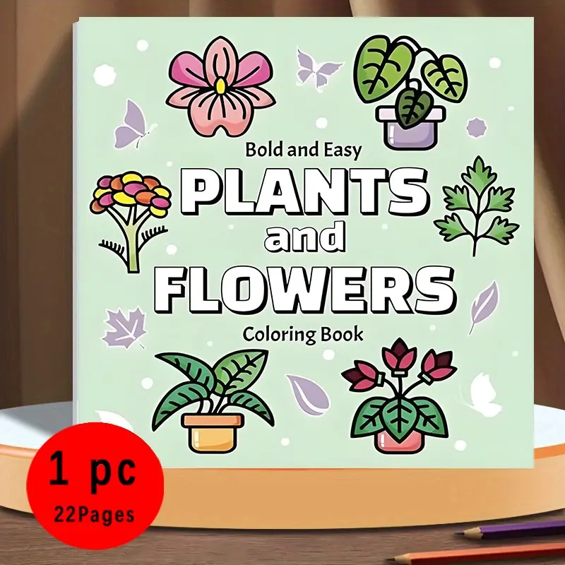 Bold & Easy Plants and Flowers Coloring Book for Kids & Adults - 22 Cute Botanical Floral Coloring Pages, 120gsm Thick No Bleed Paper, Non-Toxic Odorless, Glue Binding, Perfect for Stress Relief
