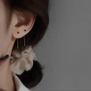 Tiny Cube Threader Earrings, S925 Sterling Silver Minimalist Geometric Earrings