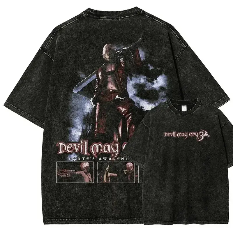 Menswear Retro Washed Black Oversized Round Neck Breathable Short Sleeve T-Shirt - Devil May Cry 3 "Dante's Awakening" Graphic Print, Loose Fit Unisex Tops for Daily & Outdoor Wear, Shortsleeve, Cartoon Print