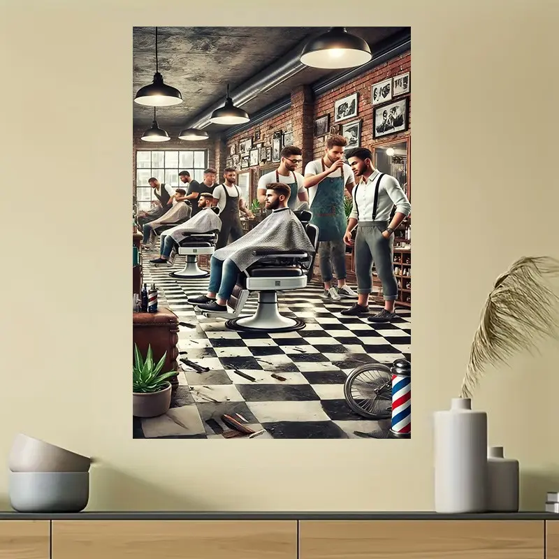 1 Piece Vintage Barber Shop Scene Canvas Print - Vintage Barber Shop Wall Art Painting, Framed Room Decoration, Suitable for Living Room, Office, Bedroom, Ideal Gift, Barber Shop Decoration, Decoration Items, Vintage Prints