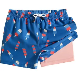 L-AD054  Boys Swim Trunks with Compression Liner 4-Way Stretch Quick Dry Bathing Suit Toddler Beach Shorts