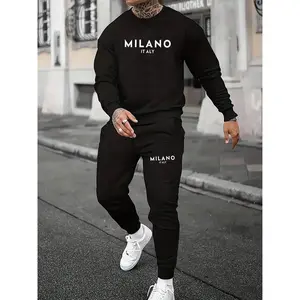 Men's Milano Letter Pattern Two-Piece Set, Casual Long Sleeve Round Neck Sweatshirt & Drawstring Pants, Comfortable Sports Wear