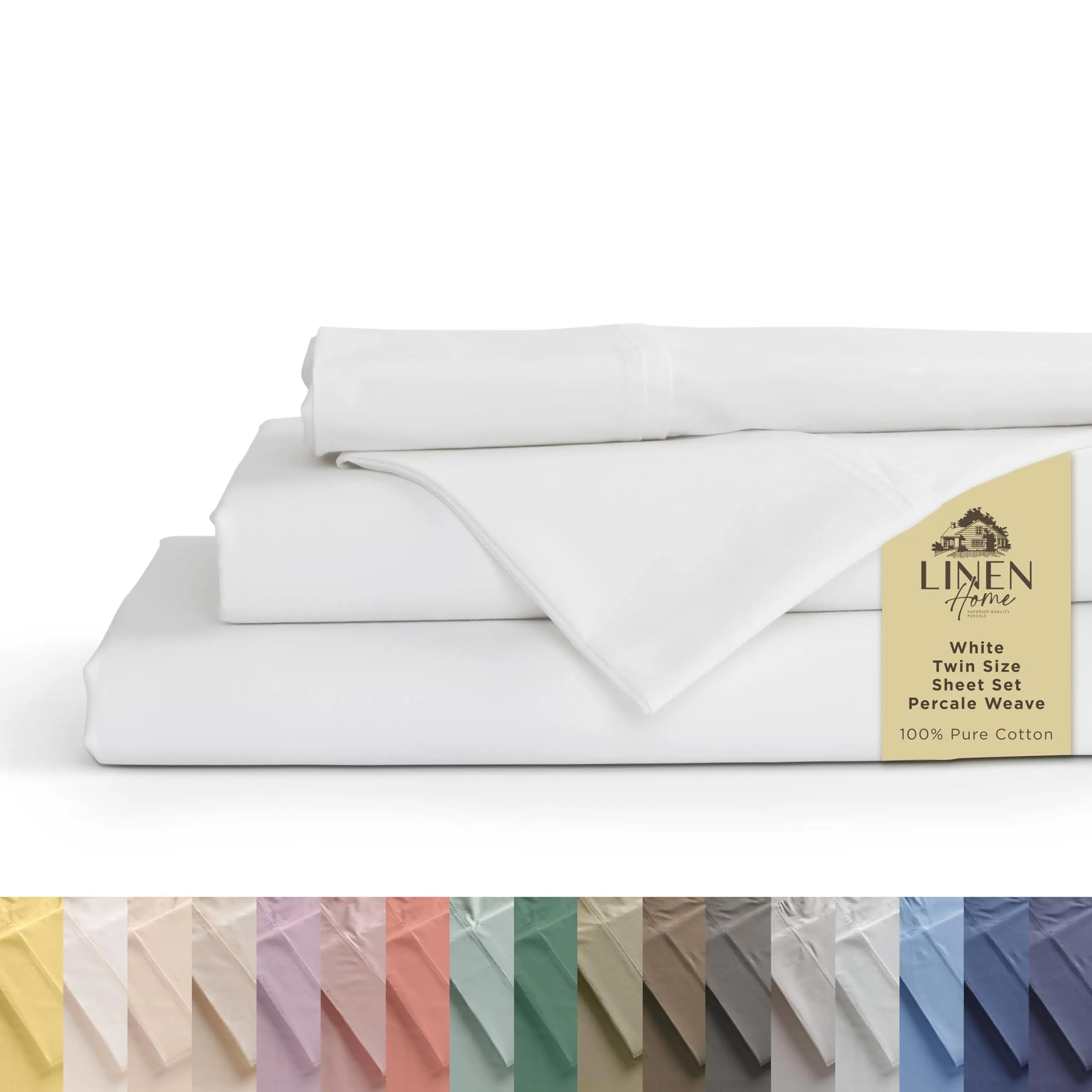 Linen Home 100% Cotton Percale Sheets, Deep Pocket, 3 Pieces Set - 1 Flat, 1 Deep Pocket Fitted Sheet and 1 Pillowcase, Crisp Cool and Strong Bed Linen