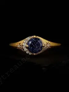 Vintage Gold Plated Starry Sky Blue Sandstone Ring for Women, Celestial Star Diamond Accent Engagement Ring, Gothic Victorian Statement Jewelry, Inspirational Jewelry Gift  Wedding Ceremonies, Vintage Bridal Ring, Dark Aesthetic Rings