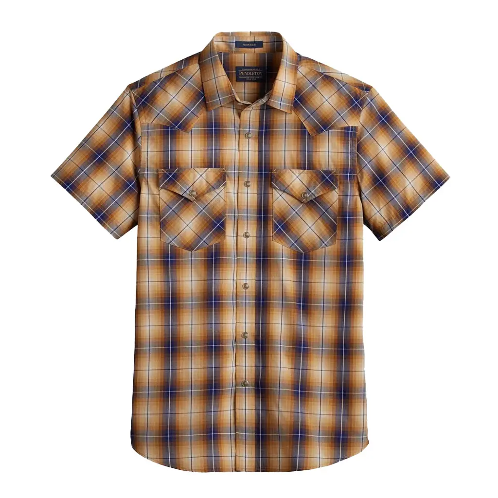 Pendleton Men's Frontier Casual Short-Sleeve Cotton-Polyester Copper Blue Ombre Shirt - Breathable, Bias Cut, Western Snap, Flapped Pockets Menswear Top (23')
