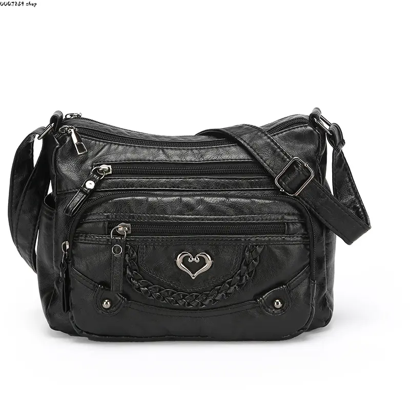 Women's Black Crossbody Bag, Soft Leather Multi-Pocket Shoulder Purse, Casual Messenger Bag with Heart Detail for Everyday Use